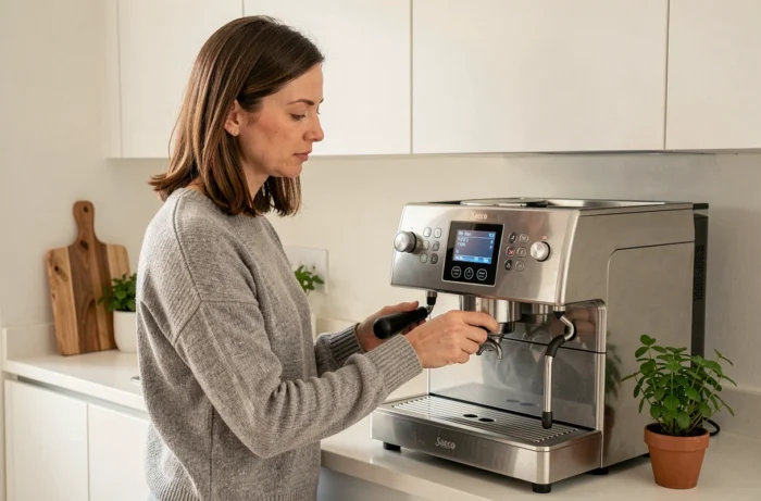 Femme utilisant l'interface tactile de la Saeco Picobaristo Deluxe dans une cuisine moderne et lumineuse