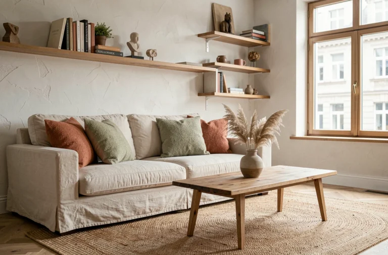 Salon scandinave cosy avec canapé en lin crème, coussins en laine texturée et étagères en bois décorées d'objets soigneusement choisis