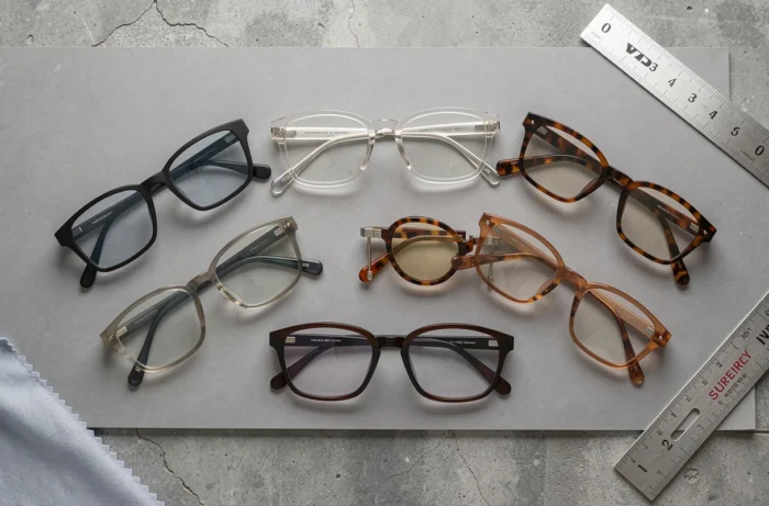Sélection de montures de lunettes rectangulaires posées sur fond gris minimaliste en vue de dessus