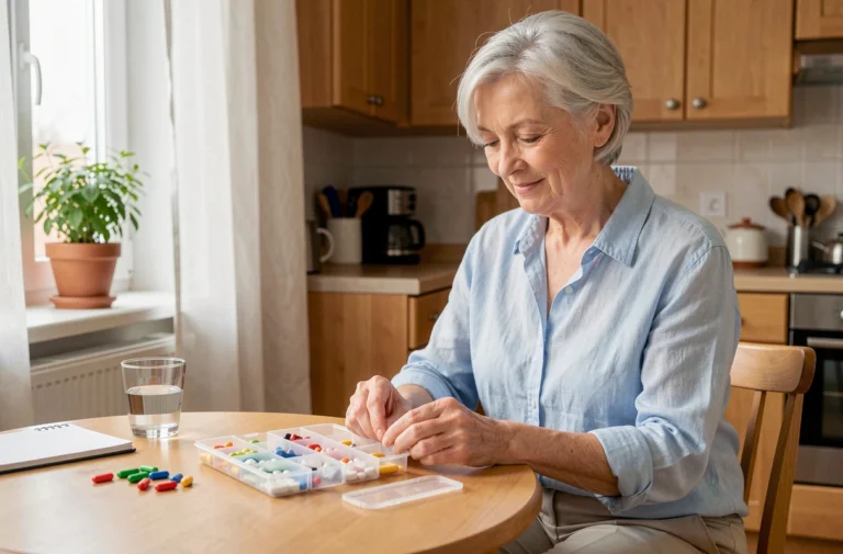 Une femme senior autonome organisant ses médicaments dans sa cuisine, symbole de bien-être au quotidien