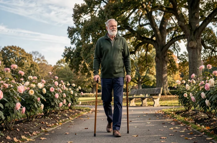 Un homme senior marchant en toute autonomie dans un parc avec une canne, illustrant l'activité physique et le bien-être