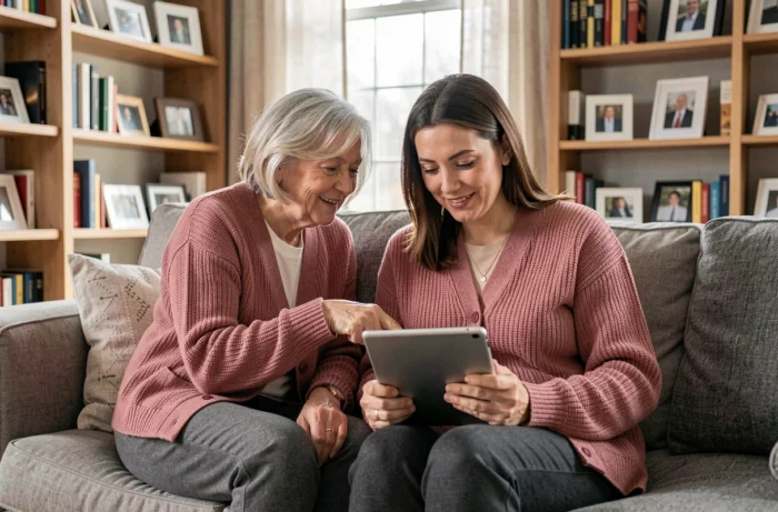 Une senior et une aidante explorant ensemble une tablette numérique au salon, favorisant l'autonomie et le lien intergénérationnel