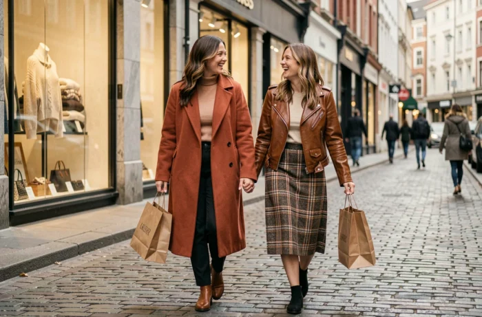 Deux femmes élégantes faisant du shopping dans une rue commerçante urbaine, portant des tenues tendance de saison avec des sacs de boutique