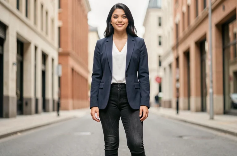 Femme hispanique aux proportions élancées en tenue urbaine chic, illustrant la silhouette et la taille d'une célébrité féminine