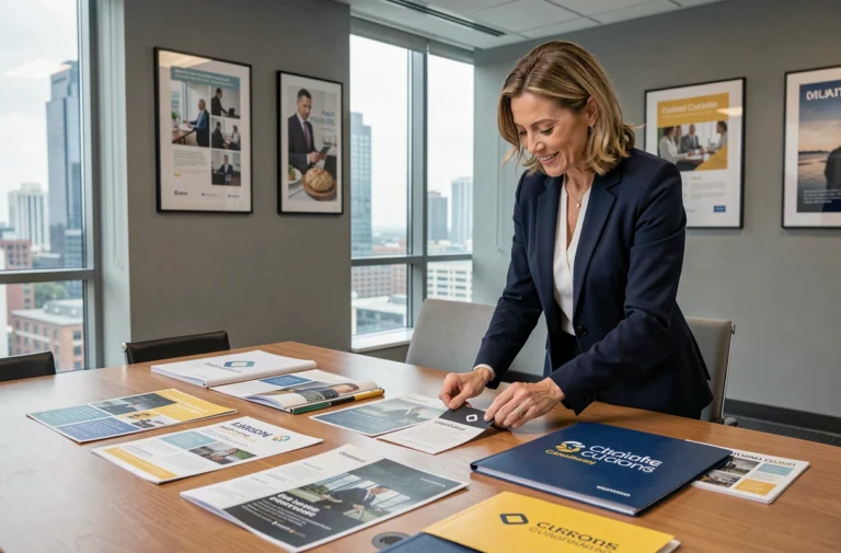 Femme professionnelle examinant des supports d'impression personnalisés pour entreprise sur une table de réunion moderne