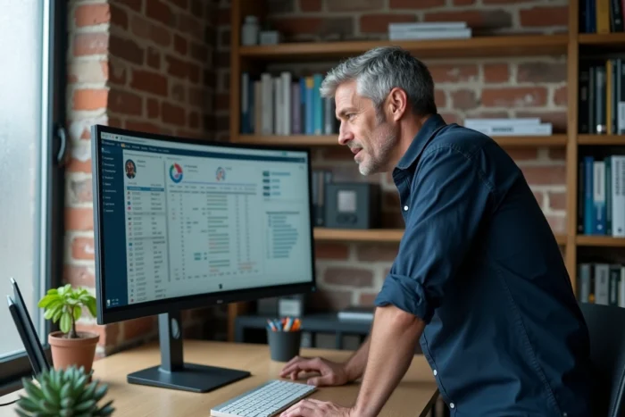 Homme utilisant une suite bureautique open source sur un grand écran dans un bureau à domicile comme alternative à Microsoft Office