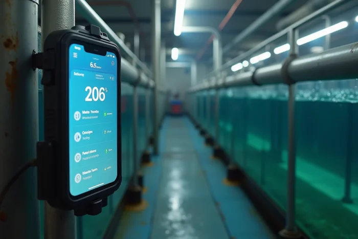 Smartphone affichant une application de surveillance en temps réel des paramètres d'eau dans une installation piscicole en recirculation