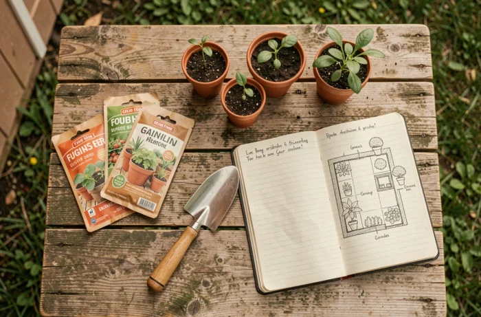 Vue de dessus d'une table de jardinage en bois recyclé avec des semis en pots, des sachets de graines et un carnet de jardinage
