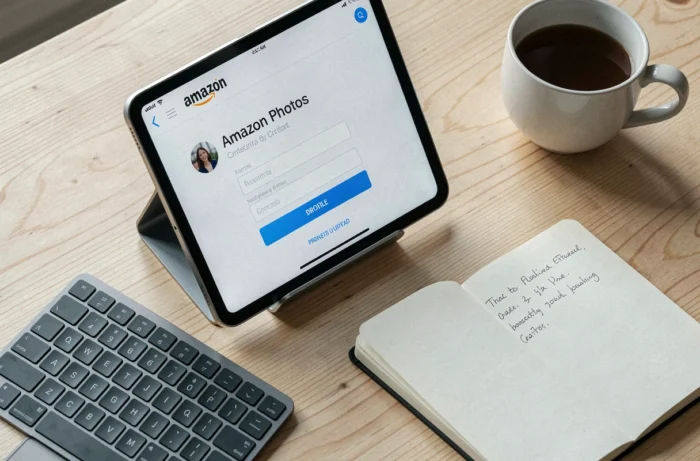 Vue aérienne d'une tablette affichant l'interface de création de compte Amazon Photos avec accessoires