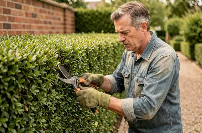 Jardinier expérimenté en train de tailler artistiquement une haie de buis dans un jardin résidentiel au printemps