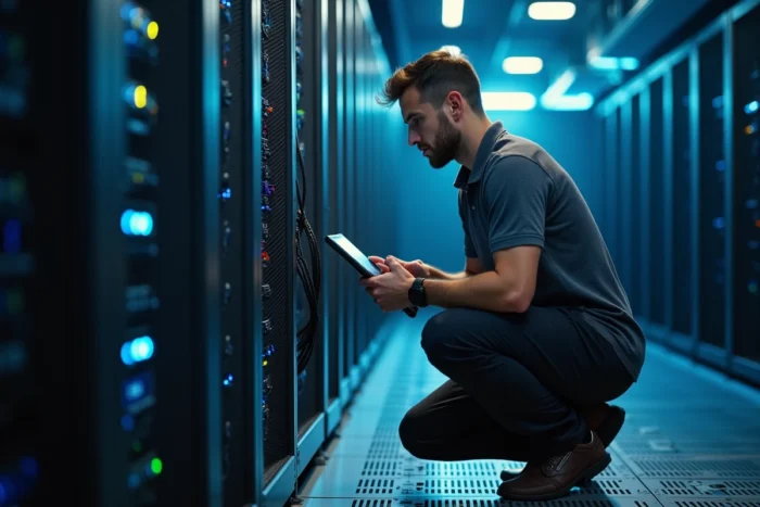 Technicien informatique configurant le réseau et les équipements internet dans une salle de serveurs d'entreprise