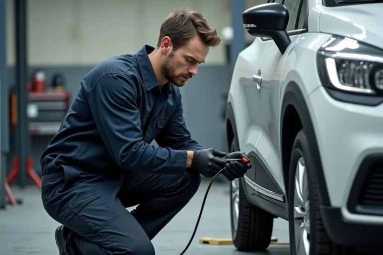 Technicien automobile connectant un scanner OBD-II sous le tableau de bord d'une Renault pour diagnostiquer le code DTC038061