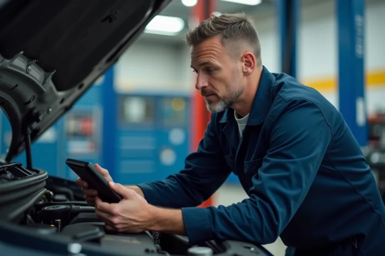 Technicien automobile effectuant un diagnostic numérique sur une voiture dans un garage professionnel moderne