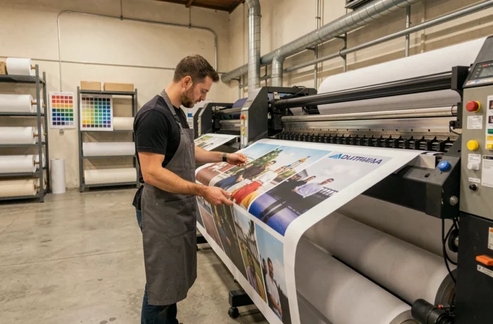 Technicien d'imprimerie inspectant une bannière grand format dans un atelier d'impression professionnelle