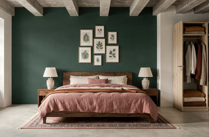 Chambre tendance avec tête de lit en noyer, parure de lin froissé et mur vert forêt en décoration intérieure