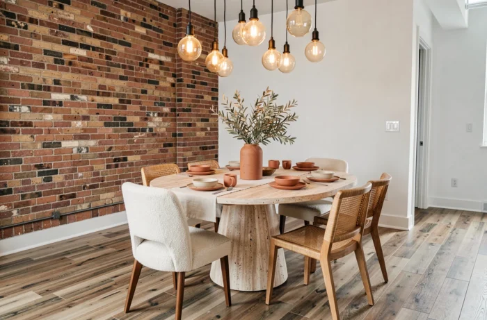 Salle à manger tendance avec table en travertin, chaises dépareillées et vaisselle artisanale terracotta