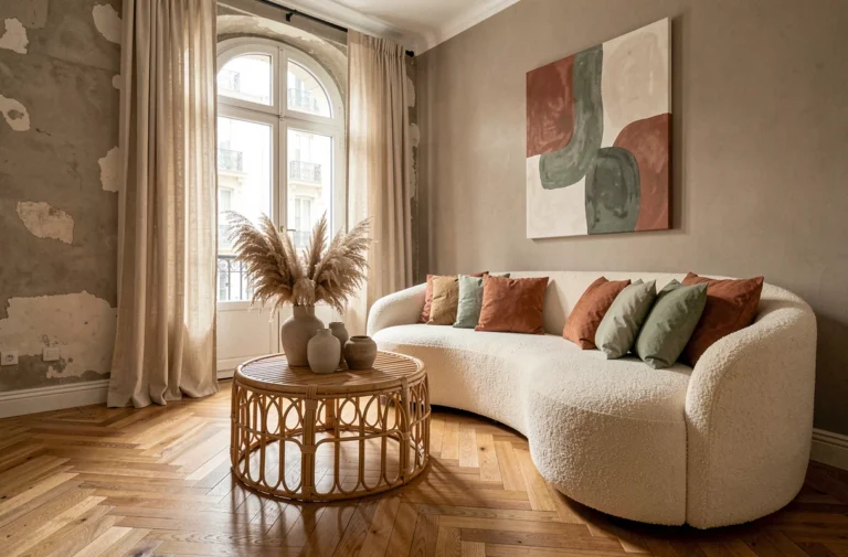 Salon contemporain avec canapé bouclé crème, coussins terracotta et décoration tendance saison automne-hiver