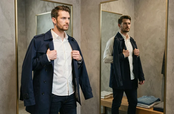 Homme essayant un trench coat marine devant un miroir en cabine d'essayage, look tendance masculin de saison