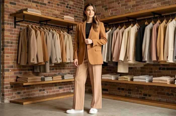 Femme portant un blazer camel oversize et un pantalon large dans une boutique de mode tendance aux murs en briques