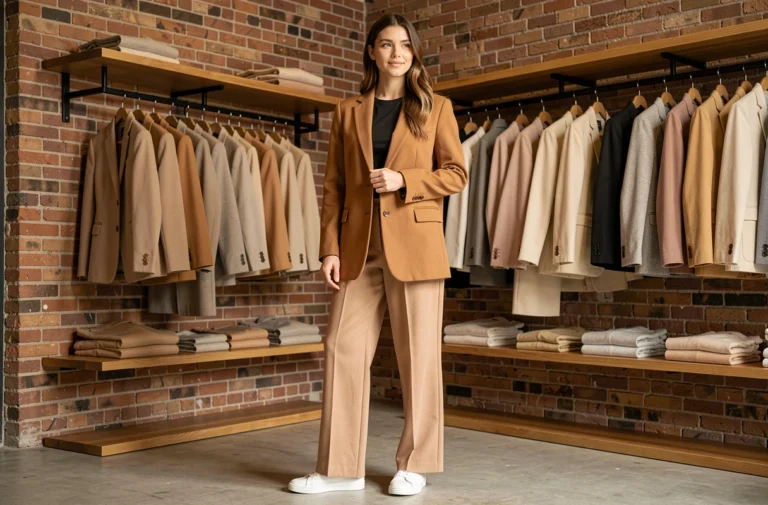 Femme portant un blazer camel oversize et un pantalon large dans une boutique de mode tendance aux murs en briques