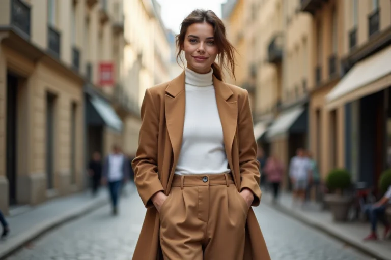 Femme trendy en blazer camel oversize et pantalon large beige dans une rue pavée parisienne en automne