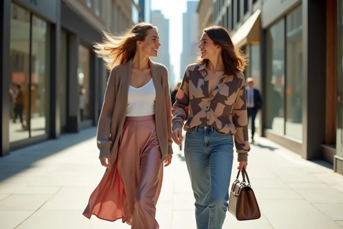 Deux femmes stylées en tenues tendance marchant dans une zone piétonne urbaine ensoleillée avec vitrines de boutiques