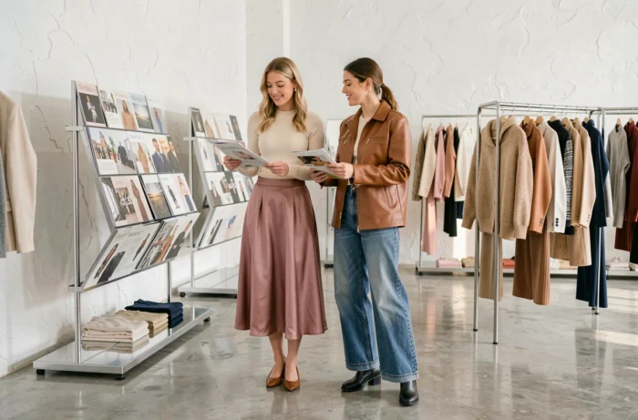 Deux femmes aux styles tendance feuilletant un magazine dans un showroom de mode moderne aux murs blancs et portants chromés