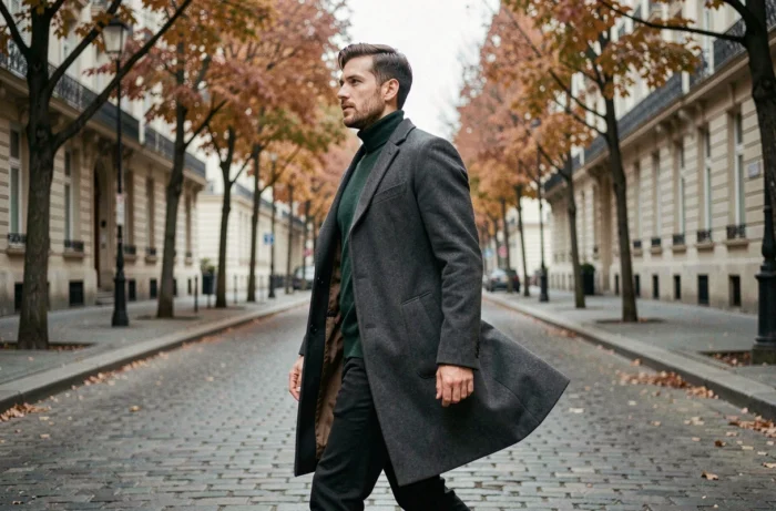Homme élégant en manteau gris et col roulé vert marchant sur un trottoir parisien en automne avec un sac en cuir