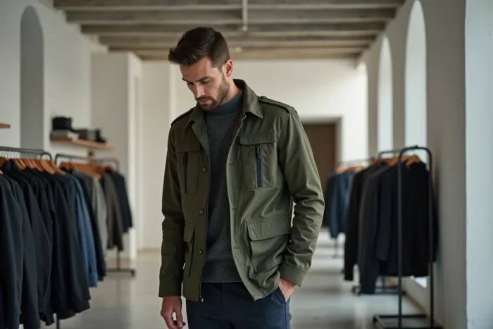 Homme en veste utility olive parcourant les rayons d'une boutique de mode minimaliste contemporaine