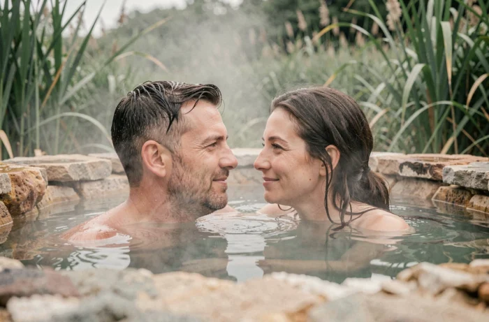 Couple se relaxant dans un bain thermal naturel à Casteljaloux, entourés de végétation verdoyante