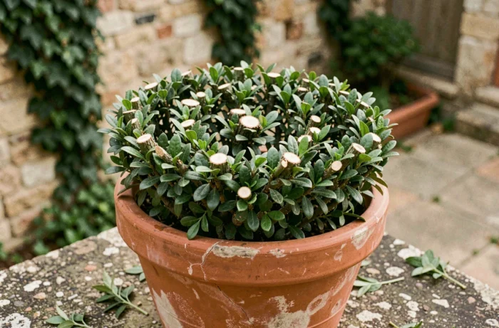 Topiaire en spirale taillé avec précision dans un pot en terre cuite sur une terrasse de jardin en pierre, style artisanal provençal