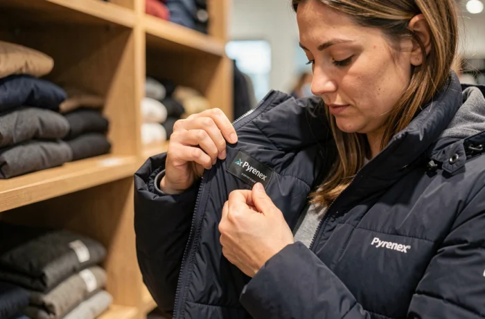 Femme inspectant l'étiquette intérieure d'une doudoune Pyrenex authentique pour vérifier son authenticité