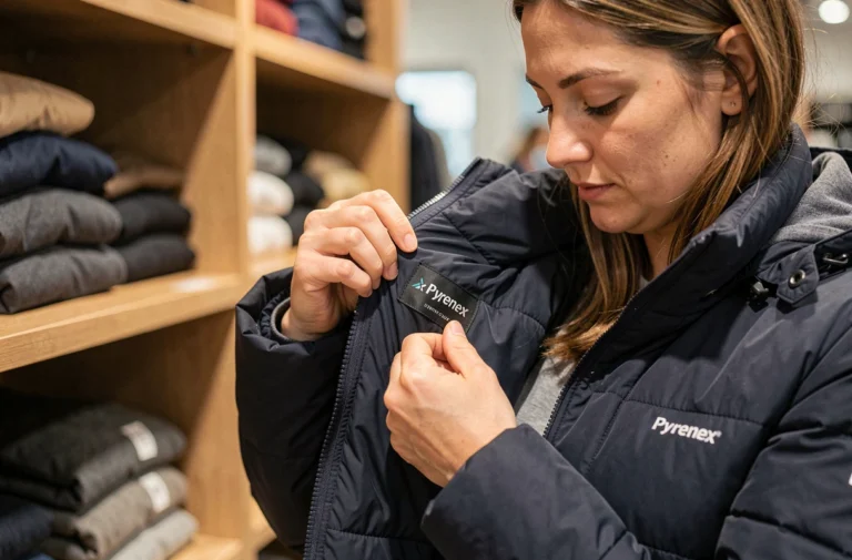 Femme inspectant l'étiquette intérieure d'une doudoune Pyrenex authentique pour vérifier son authenticité
