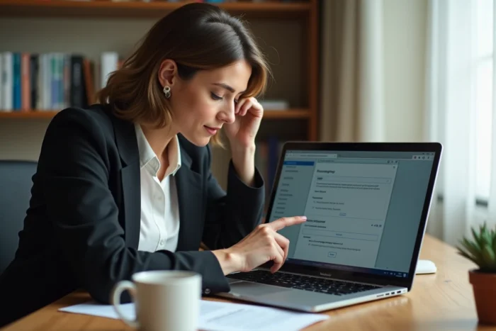 Femme vérifiant les paramètres système Windows avant de contacter le support technique pour CAP RLA