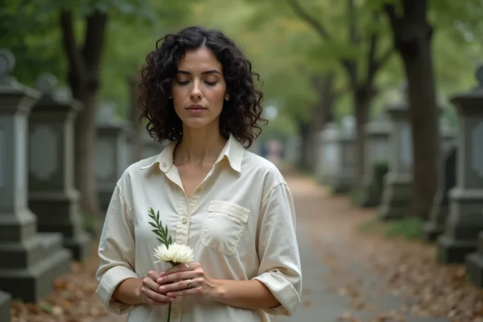 Femme portant l'alliance de son mari défunt lors d'une visite au cimetière, tenant une fleur blanche dans un cadre naturel apaisé