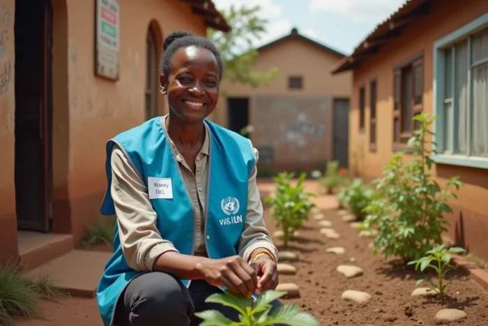 Volontaire de l'ONU distribuant des ressources agricoles dans une communauté locale pour soutenir le développement durable