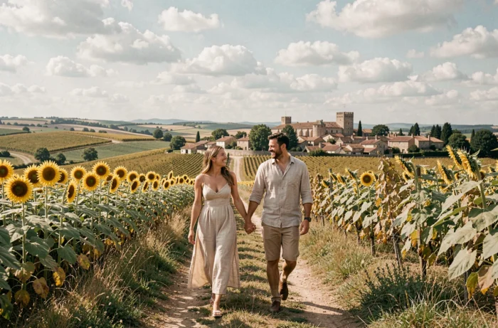 Couple se promenant main dans la main dans la campagne du Sud-Ouest français, entourés de vignes et d'un village médiéval au loin